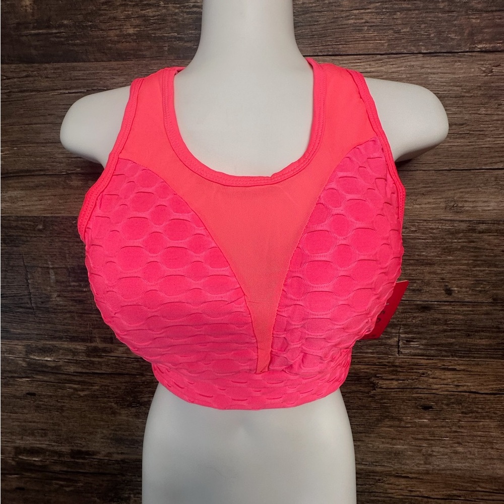 Leo Poldo Vibrant Coral Pink Textured Racerback Sports Bra with Breathable Mesh